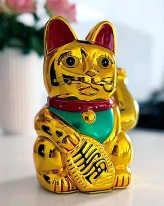 Lykkekat Maneki Neko Guld Batteri 15 cm.