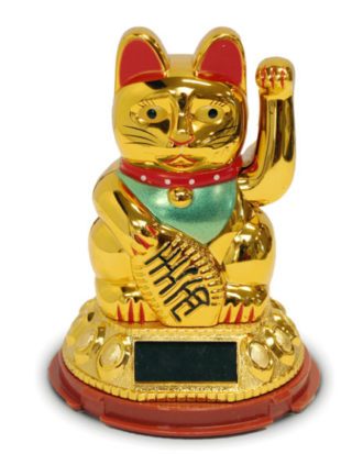 Lykkekat Maneki Neko Guld Solenergi Ø8 cm.