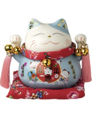 Lykkekat Maneki Neko Pocelæn Blå 14 cm.