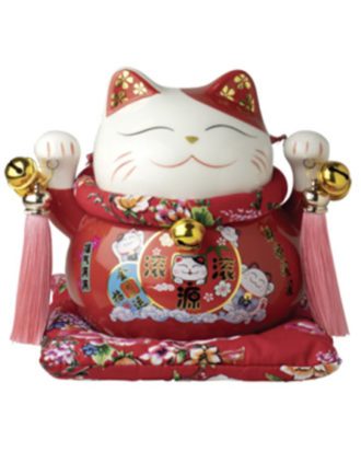 Lykkekat Maneki Neko Pocelæn Rød 14 cm.
