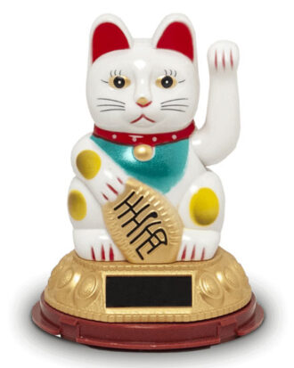Lykkekat Maneki Neko Hvid Solcelledrevet 12 cm.