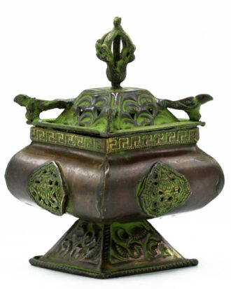 Tibetansk røgelsesbrænder i messing | Fire symboler med patina