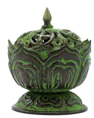 Tibetansk røgelsesbrænder i messing | Lotus med grøn patina